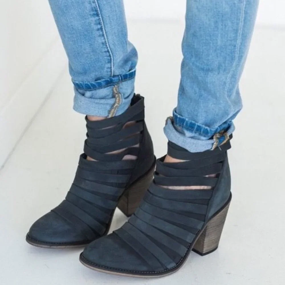 Free People New Boots HYBRID Strappy Suede Leather Booties NIB BLACK Women's 10